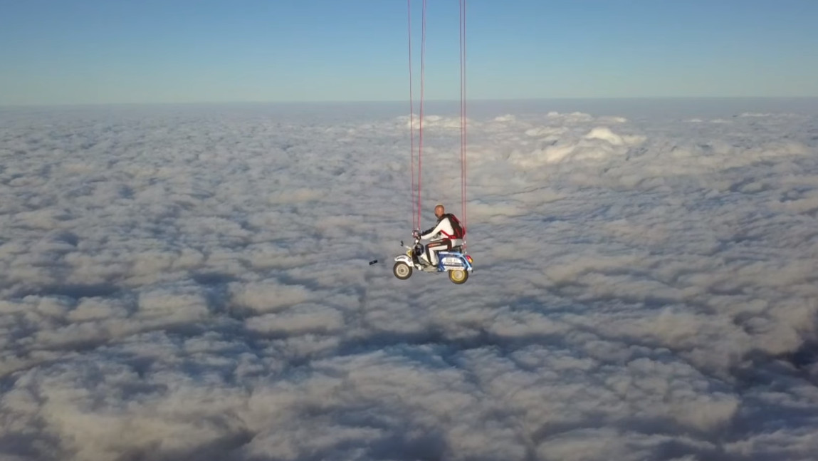 Man skydives from Stratosphere on scooter